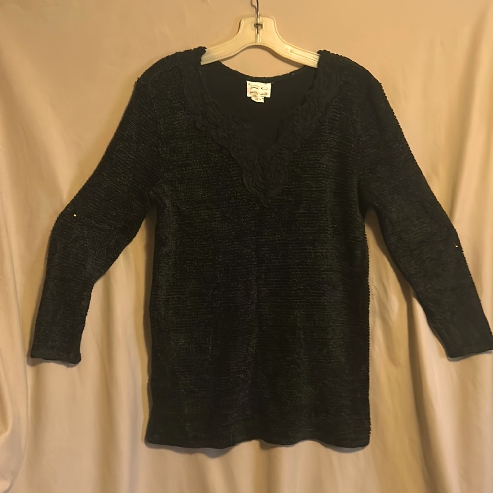Vintage Rona black chenille sweater with embroidered detail size medium